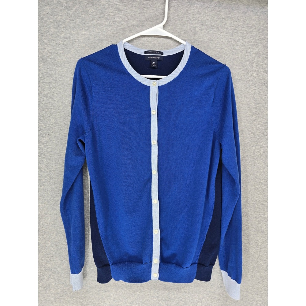 Lands End Womens Blue Colorblock Supima Cotton Button Front Cardigan Sweater M